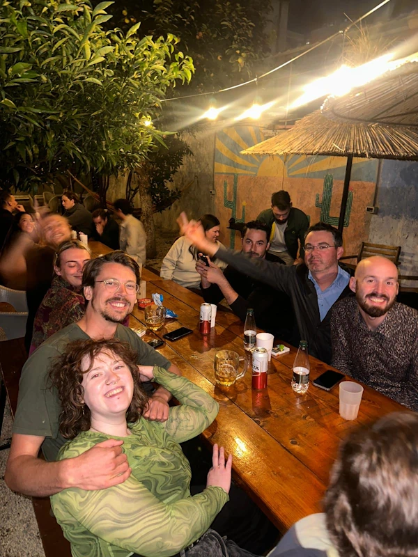 A group of people having fun in an outdoor beer garden