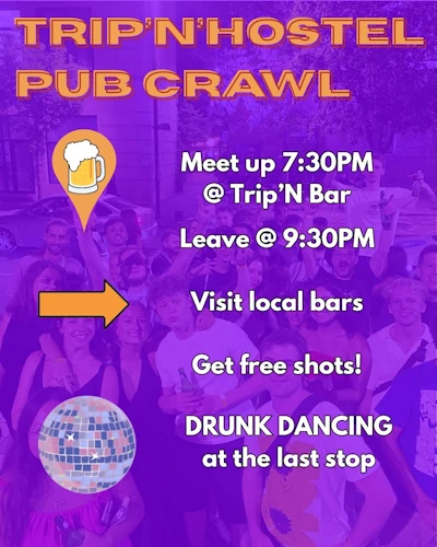 Illustrated flyer for Trip'N'Hostel Pub Crawls